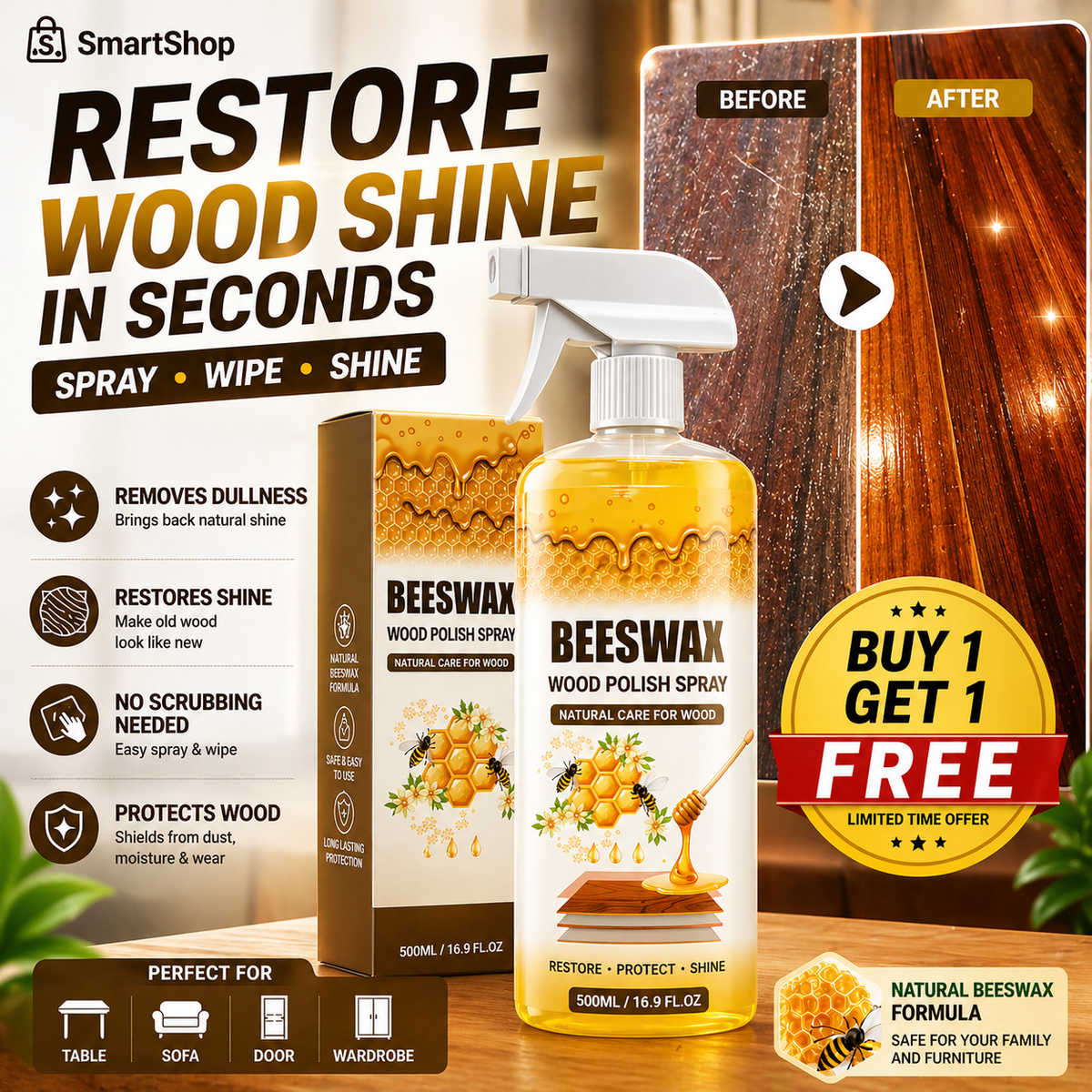 Beeswax Wood Polish Spray Restore Shine Protect Furniture Buy 1 Get 1 Free