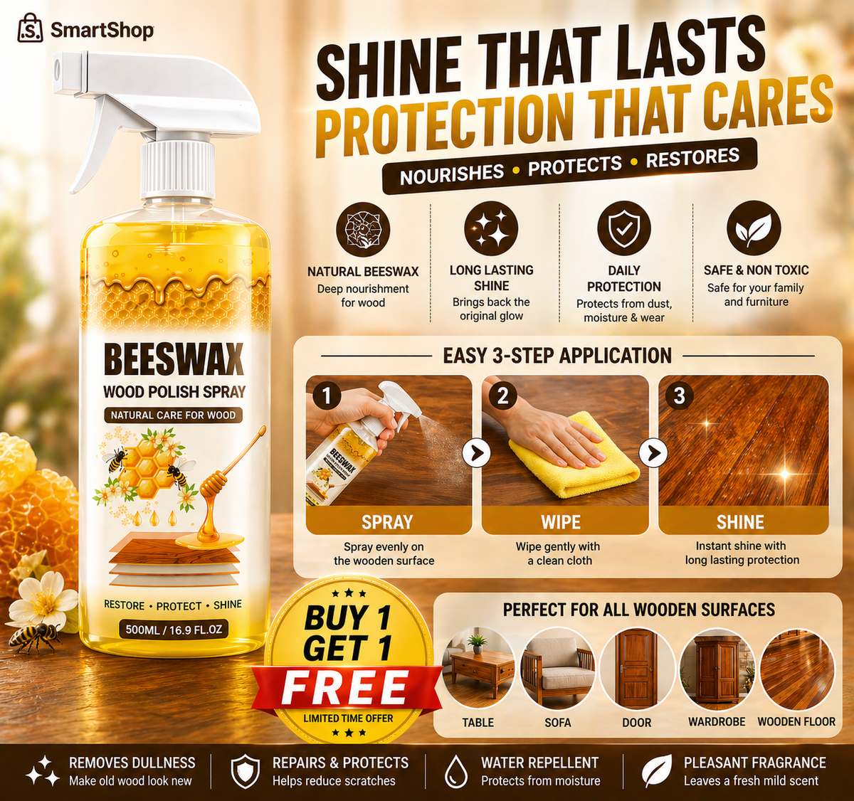 Beeswax Wood Polish Spray Restore Shine Protect Furniture Buy 1 Get 1 Free