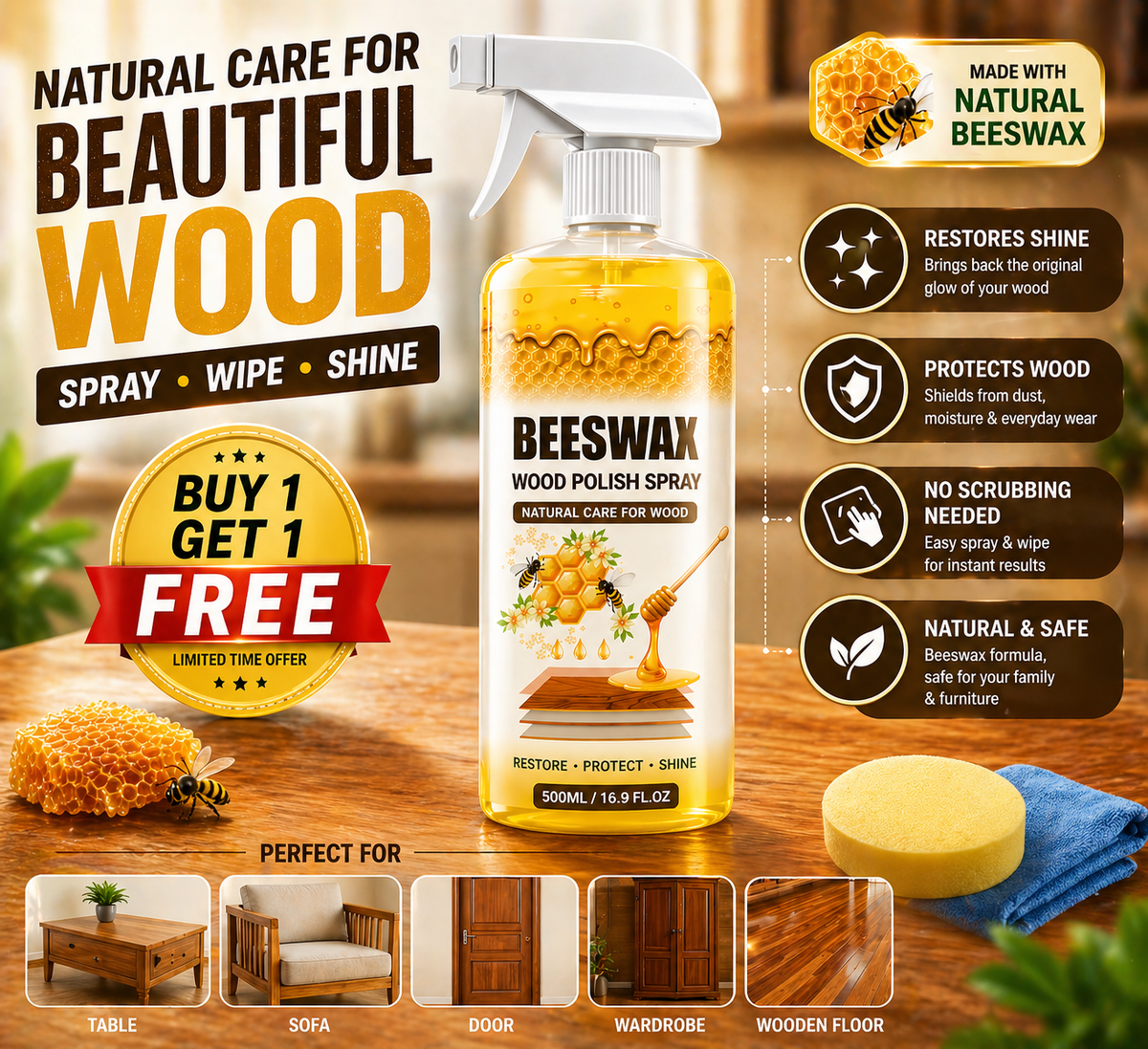 Beeswax Wood Polish Spray Restore Shine Protect Furniture Buy 1 Get 1 Free