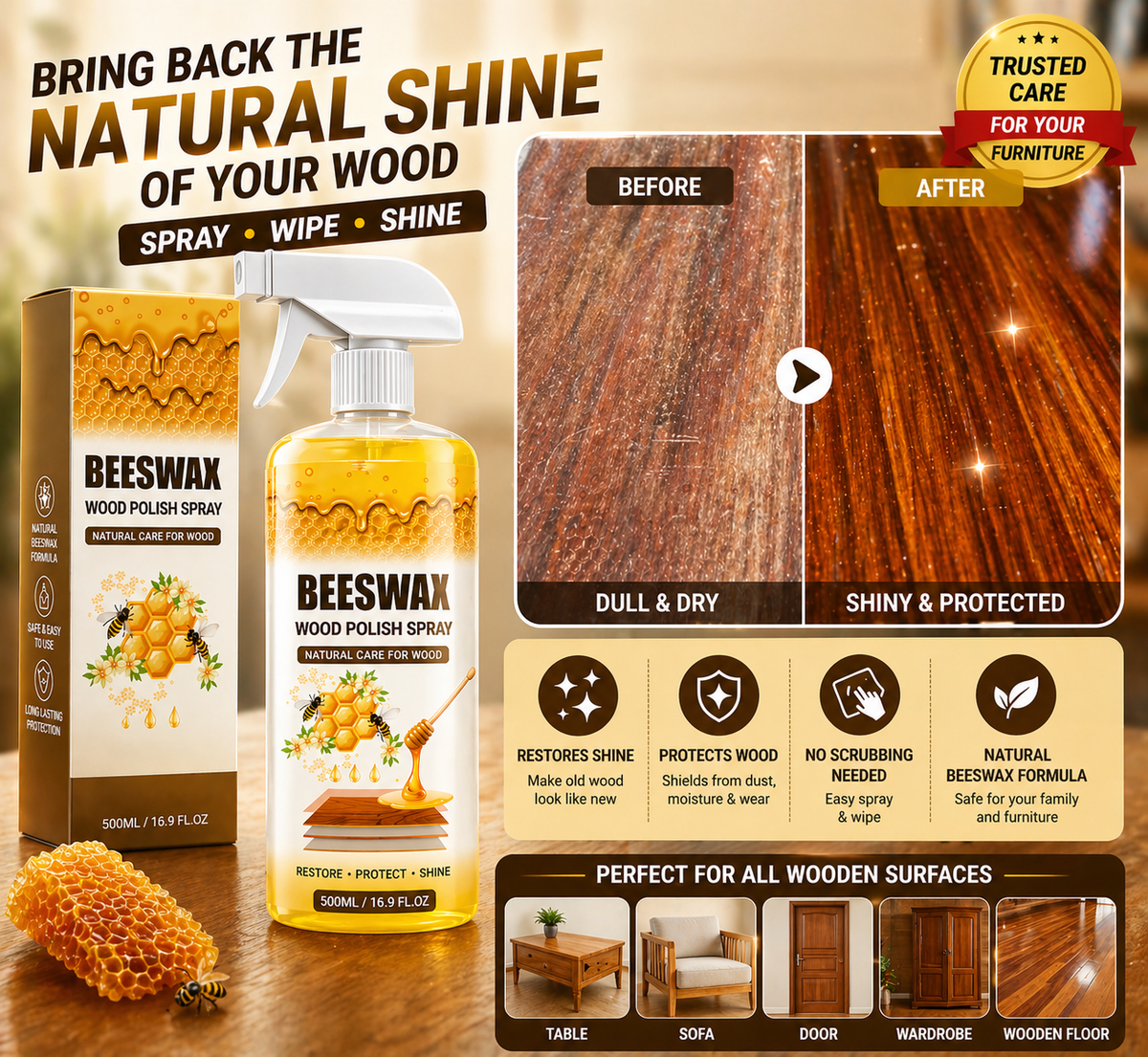 Beeswax Wood Polish Spray Restore Shine Protect Furniture Buy 1 Get 1 Free