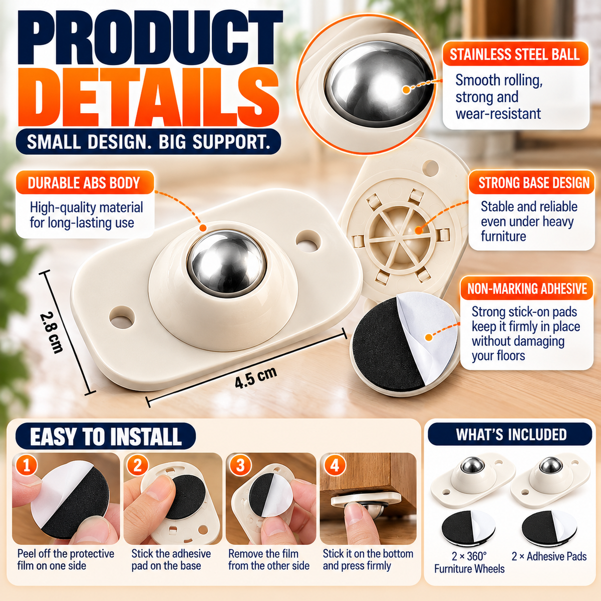 Move Anything Instantly! No-Lift 360° Stick-On Furniture Wheels (PACK OF 10)