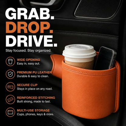 Clip-On PU Leather Car Cup Holder & Organizer