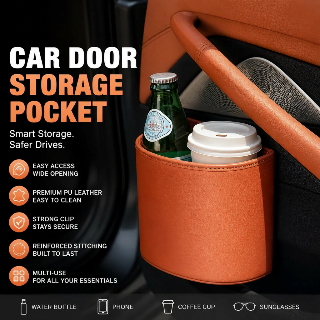 Clip-On PU Leather Car Cup Holder & Organizer